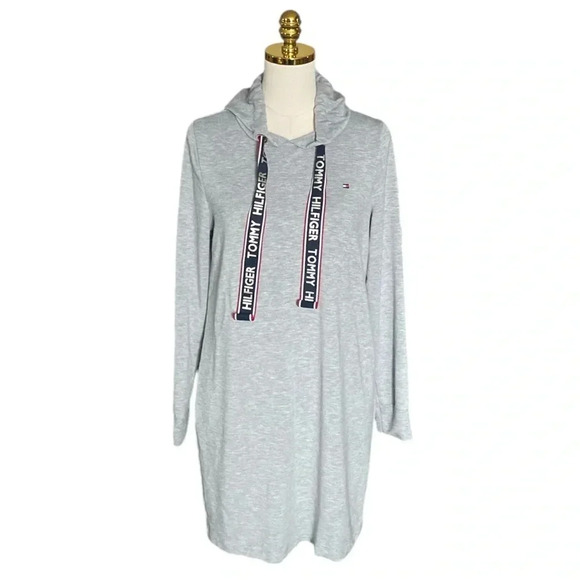TOMMY HILFIGER | Grey Signature Logo Drawstrings Hoodie Sweatshirt Dress Size S - Picture 1 of 6